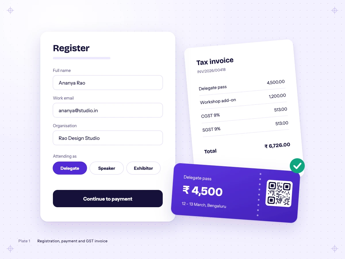 A registration form with attendee type choices, a delegate pass ticket and a GST tax invoice showing CGST and SGST.